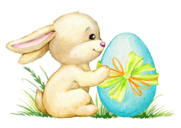 cute bunny builds a house made of wooden cubes a watercolor animal in a cartoon style on an isolated background