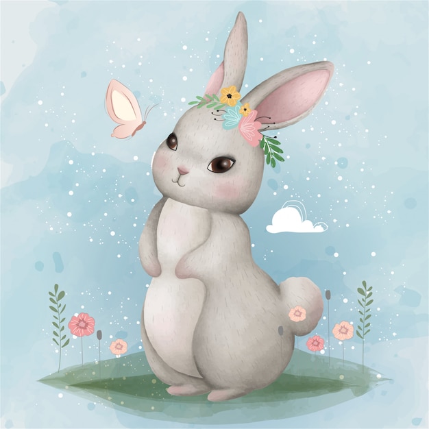 Vector cute bunny and butterfly