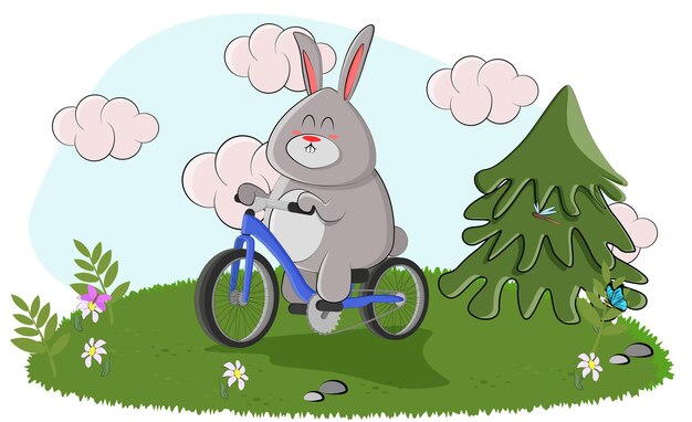 Cute bunny buy a mountain bike and ride in his forest