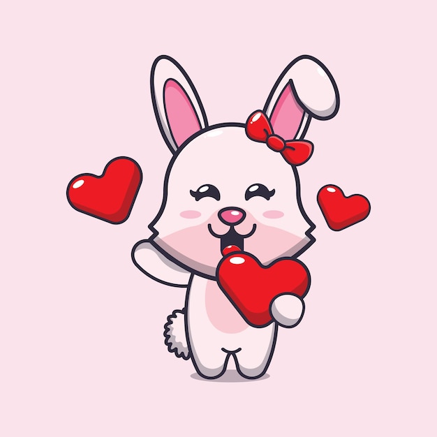 Cute bunny cartoon character holding love heart in valentines day