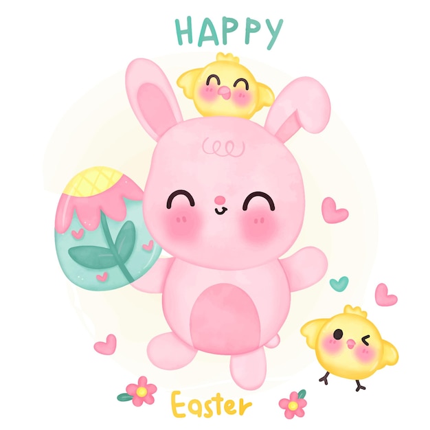 Cute bunny cartoon with easter egg and chick for happy easter day kawaii watercolor