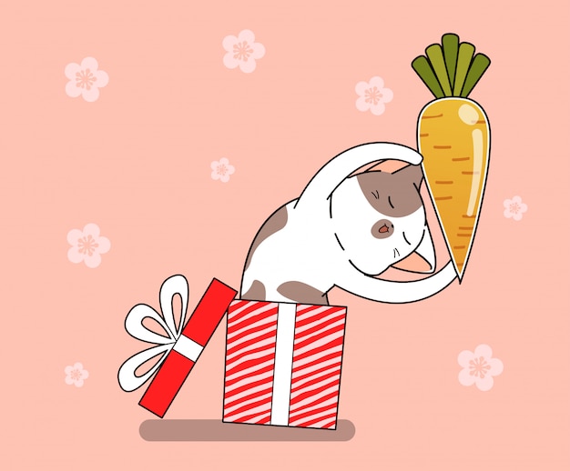 Vector cute bunny cat is holding carrot inside gift box