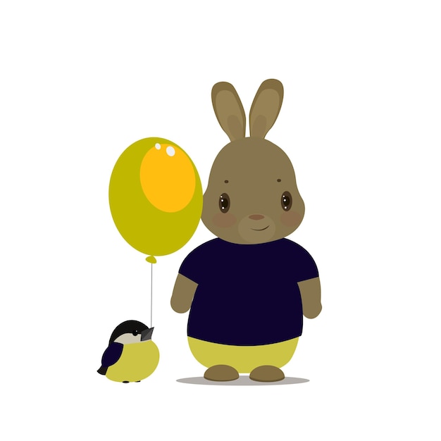 Cute bunny character with titmouse bird and balloon vector illustration.