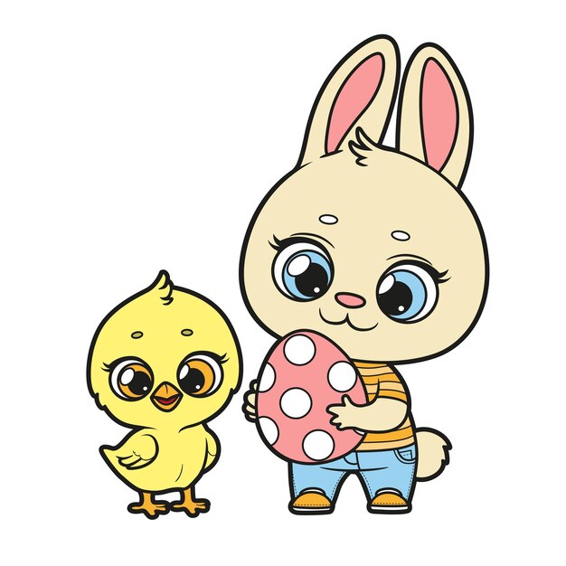 cute bunny and chicken with an easter egg in their paws color variation on a white background