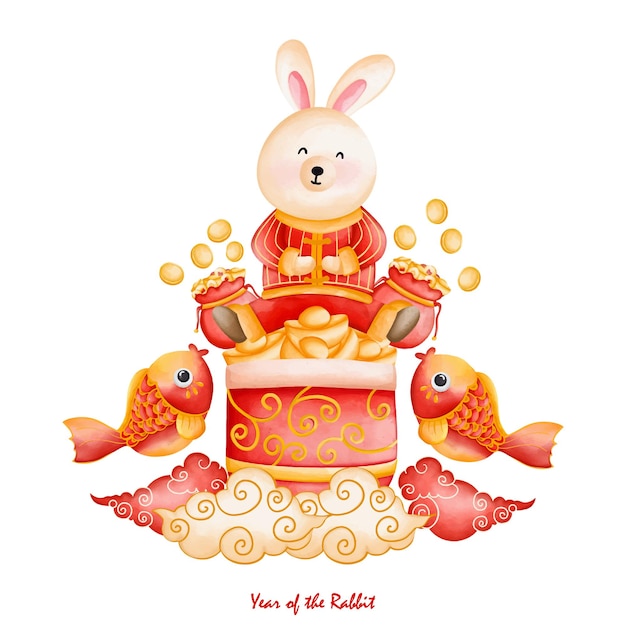 Cute bunny in chinese traditional costume and decoration cheongsam dress the year of rabbit