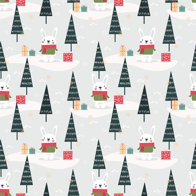 Cute bunny in Christmas theme seamless pattern