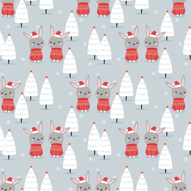 Cute bunny  in Christmas winter theme seamless pattern