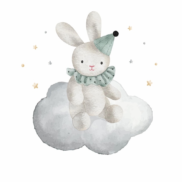 Cute bunny on the cloud with little stars watercolor vector illustration