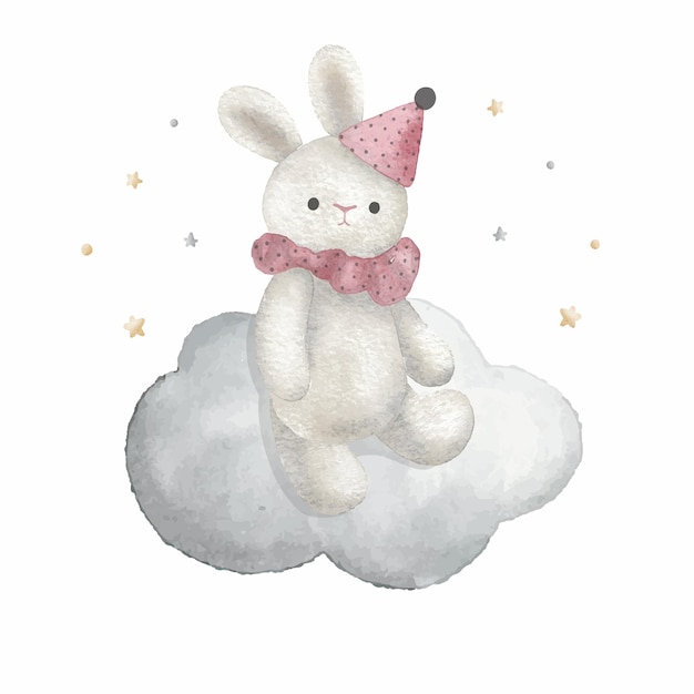 Cute bunny on the cloud with little stars watercolor vector illustration