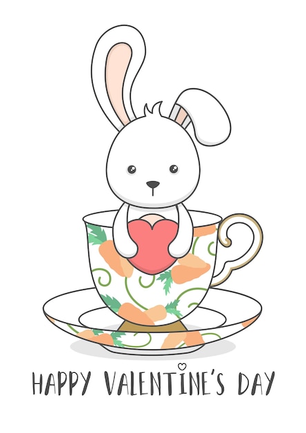 Cute bunny in a cup holding heart