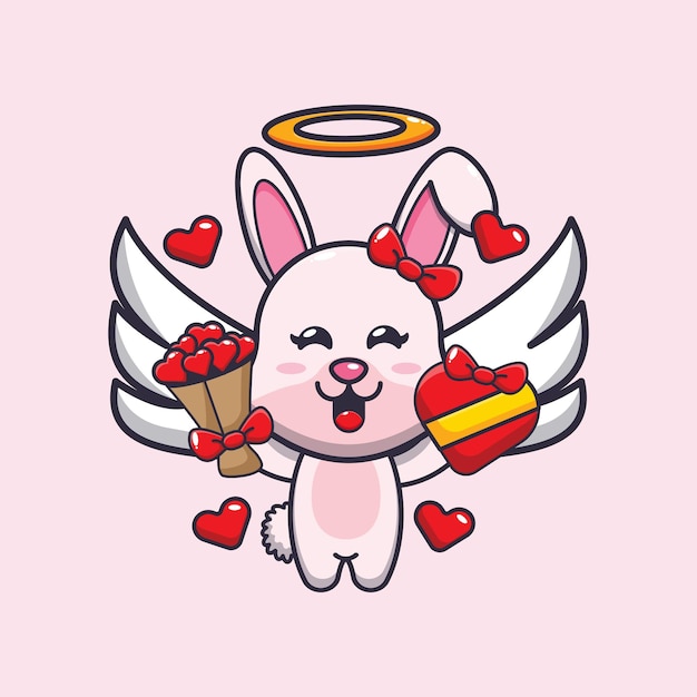 милый кролик амур мультипликационный персонаж с любовным подарком и любовным букетом