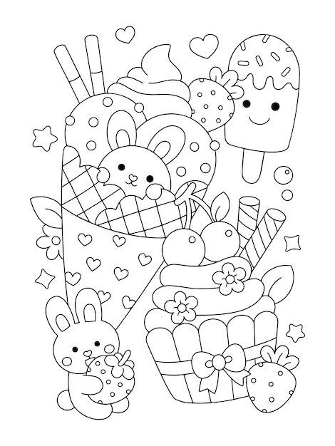 可愛いウサギのデザート アイスクリームとストロベリーカップケーキ 絵本