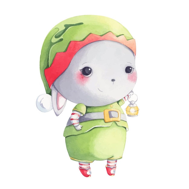 Vector cute bunny dressed as an elf watercolor character