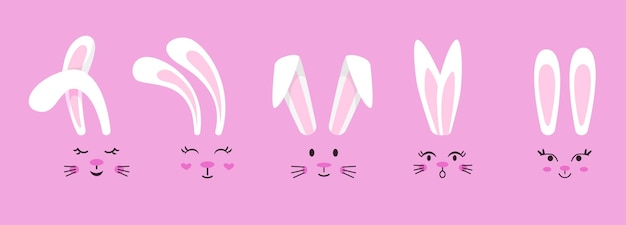 Вектор Милые уши и лица кролика лицо кролика крошечные кролики и кролики пасхальная графика карикатура детская маска декоративные животные неотерические векторные элементы
