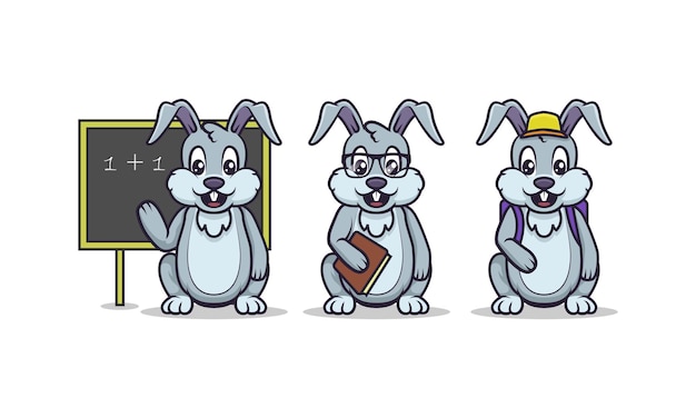 Cute bunny education mascot set with white isolated background