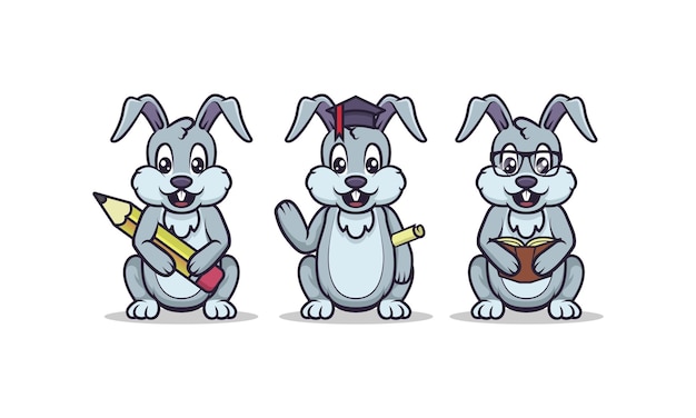 Cute bunny education mascot set with white isolated background