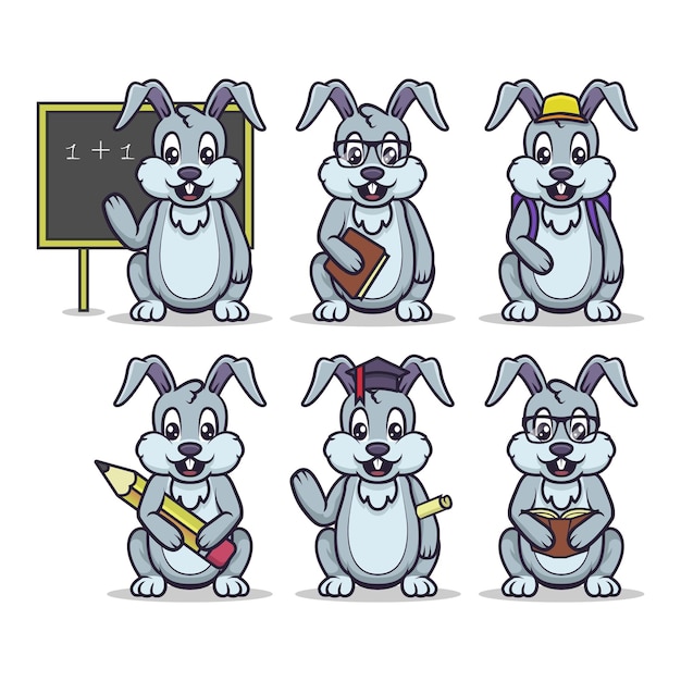 Cute bunny education mascot set with white isolated background