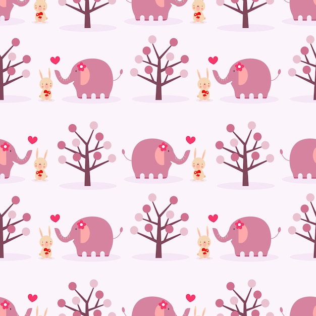 Cute bunny and elephant in love seamless pattern.