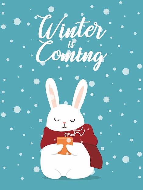 cute bunny enjoy hot coffee in the winter season