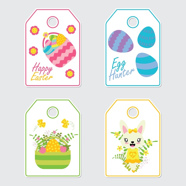 Vector cute bunny, flowers, and colorful egg vector cartoon illustration for easter gift tags