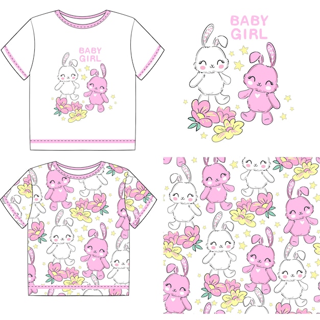 Simpatico coniglietto e fiori illustrazione vettoriale stampa per bambini su tshirt baby girl