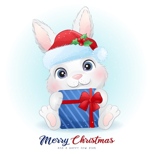 水彩イラストとクリスマスの日のかわいいウサギ