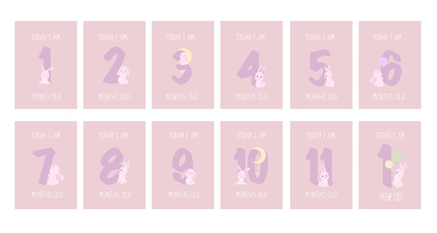 かわいいバニーガールの赤ちゃんのマイルストーン カード、数字のクリップアート。赤ちゃんの月の記念日カード。保育園のプリント。