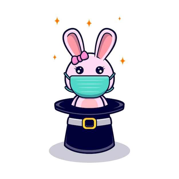 Cute bunny girl pop up from hat and wearing mask