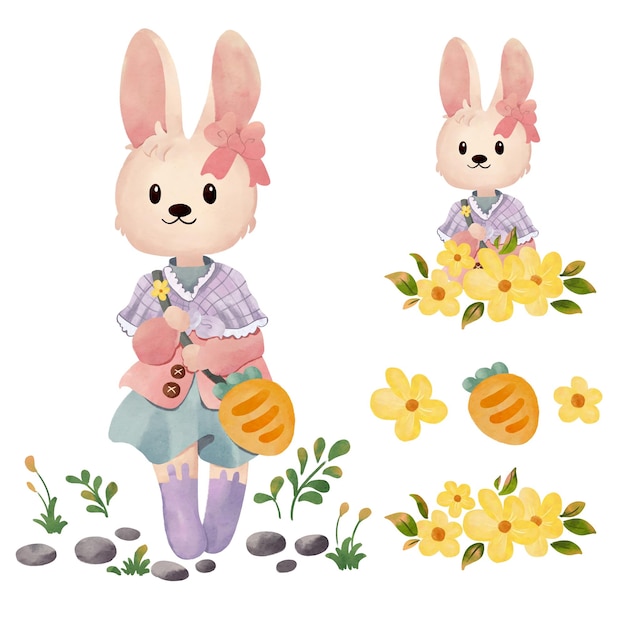 Vector cute bunny girl with carrot bag