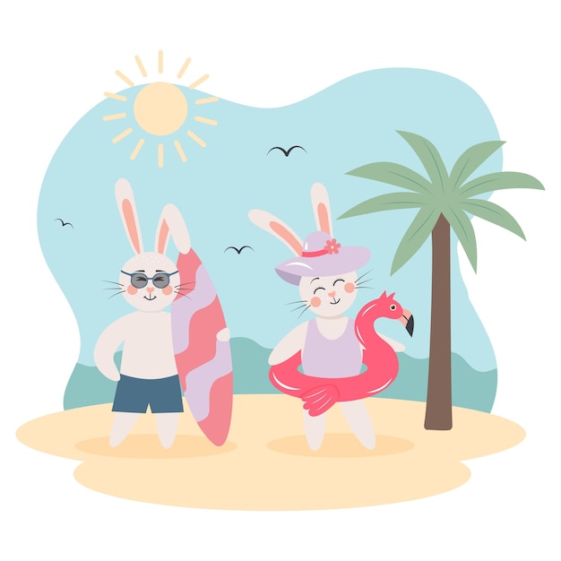 Vector cute bunny girl with an inflatable flamingo ring and a bunny boy with surfboard on the beach