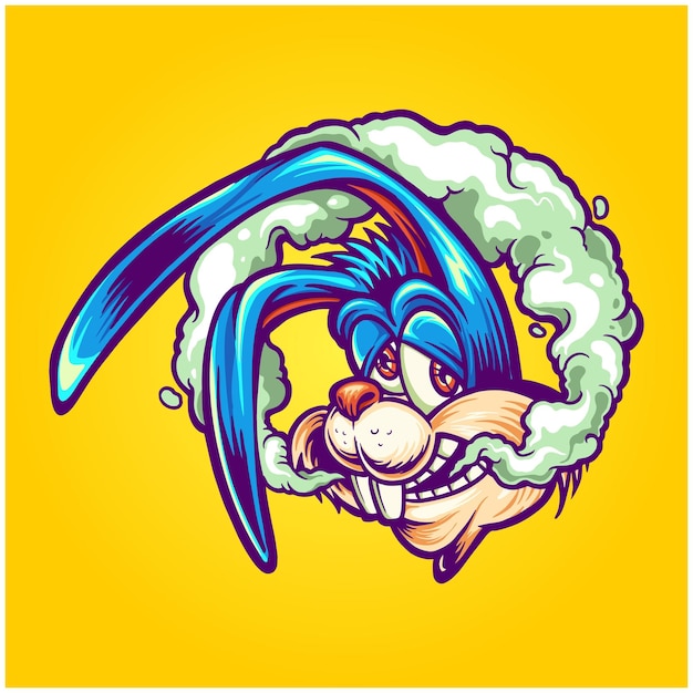 Cute bunny head with weed smoke cartoon logo illustrations