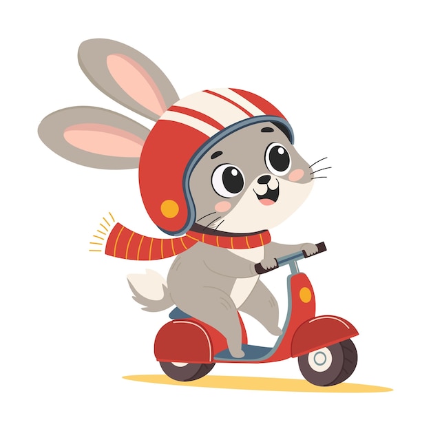 Cute bunny in helmet riding a scooter Happy character on a scooter Vector childrens illustration