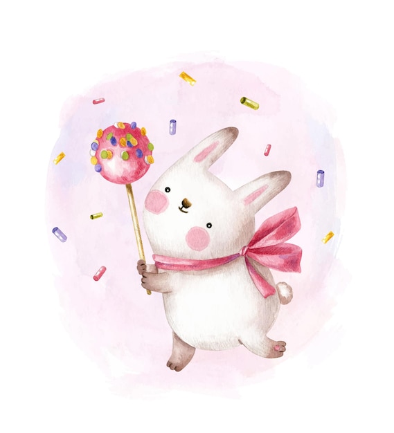 Милый кролик держит большую конфету на палочке