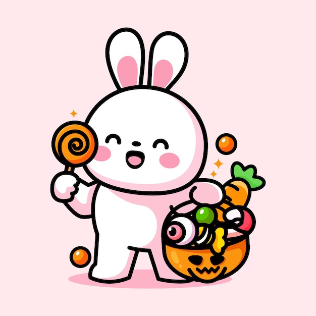 Vector cute bunny holding candy and celebrating halloween