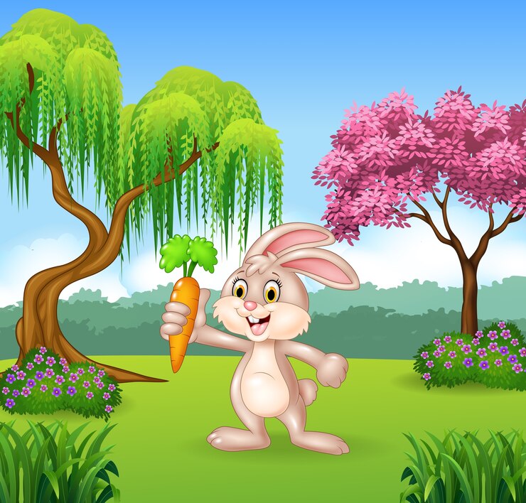 Vector cute bunny holding carrot in the jungle