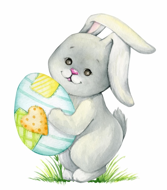 Cute bunny holding an easter egg watercolor cartoonstyle clipart on an isolated background