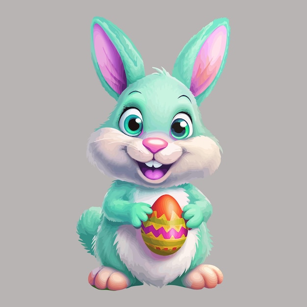 Vettore bunny carino che tiene un uovo di pasqua con sguardi felici illustrazione di clipart vettoriale per il design decorativo