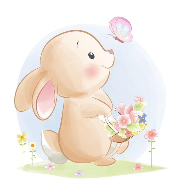 꽃바구니를 들고 있는 귀여운 토끼