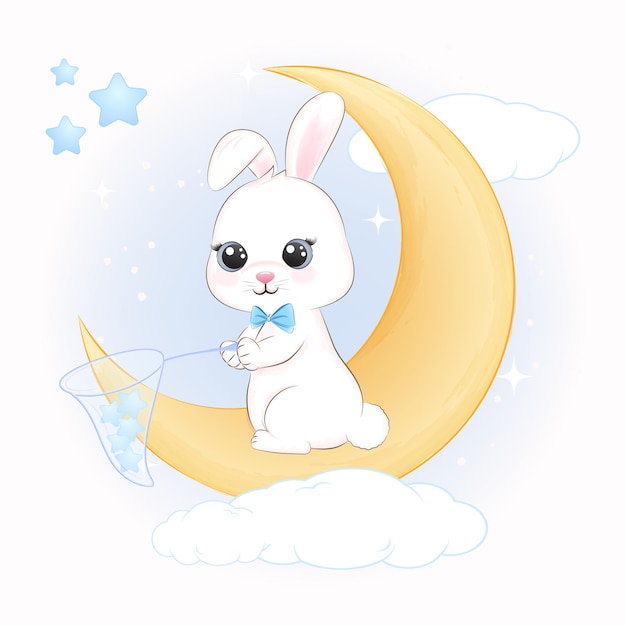 Cute Bunny holding stars in net on the moon