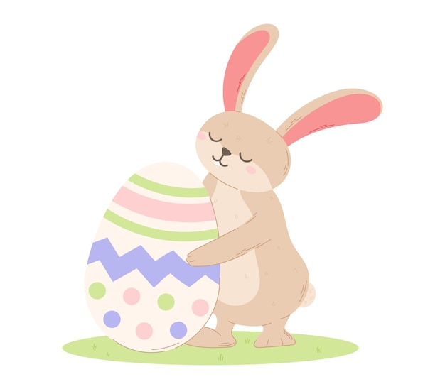 Simpatico coniglietto che abbraccia un uovo di pasqua decorato illustrazione di un cartone animato isolato dal vettore di un coniglio in una radura