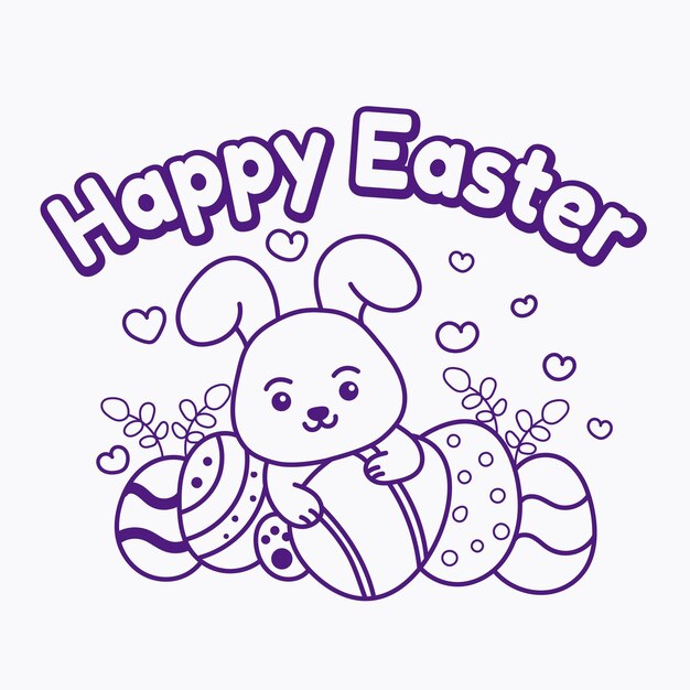 Cute bunny hugging eggs celebrating easter seamless pattern coloring book