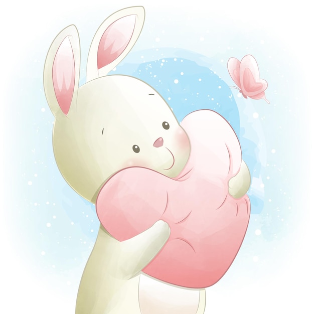 Cute bunny hugging pillow watercolor vector illustration for print baby shower nursery greeting card