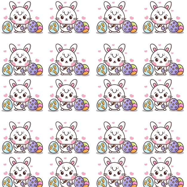 Vector cute bunny is painting eggs for easter seamless pattern