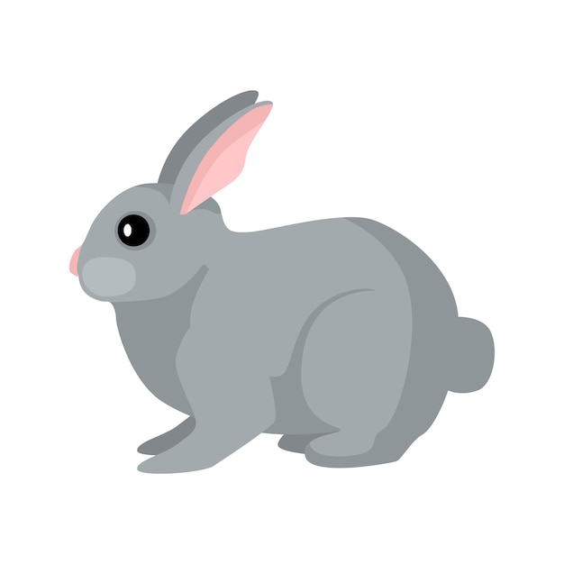 Cute bunny isolated on white background in flat style. Funny cartoon character rabbit gray color. Design farm animal for any purposes. Vector illustration.