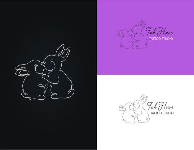 벡터 문신 스튜디오 비즈니스의 미니멀리즘 로고를 위한 라인 아트 스타일의 귀여운 토끼 키스