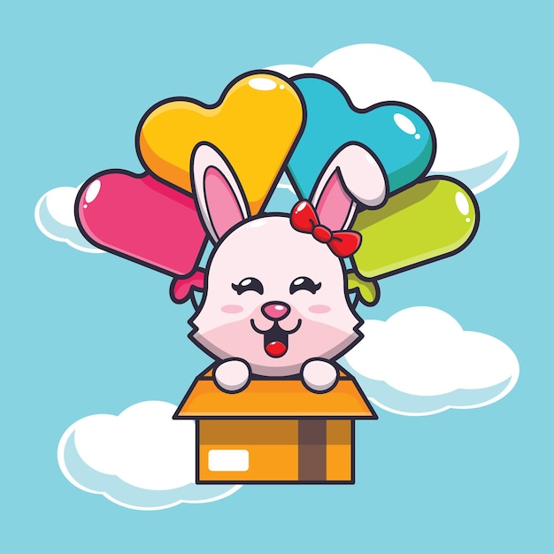 cute bunny mascot cartoon character fly with balloon