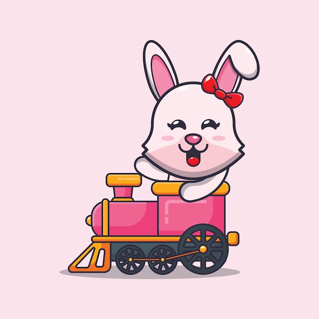 Cute bunny mascot cartoon character ride on train