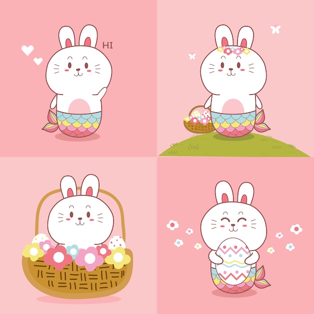 Cute bunny mermaid kawaii cartoon hand drawn collection