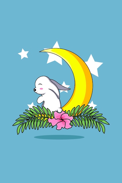 Cute bunny on moon cartoon illustration
