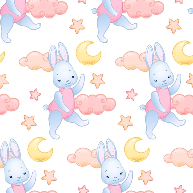 Cute bunny and moon and clouds pattern in boho cartoon style seamless pattern